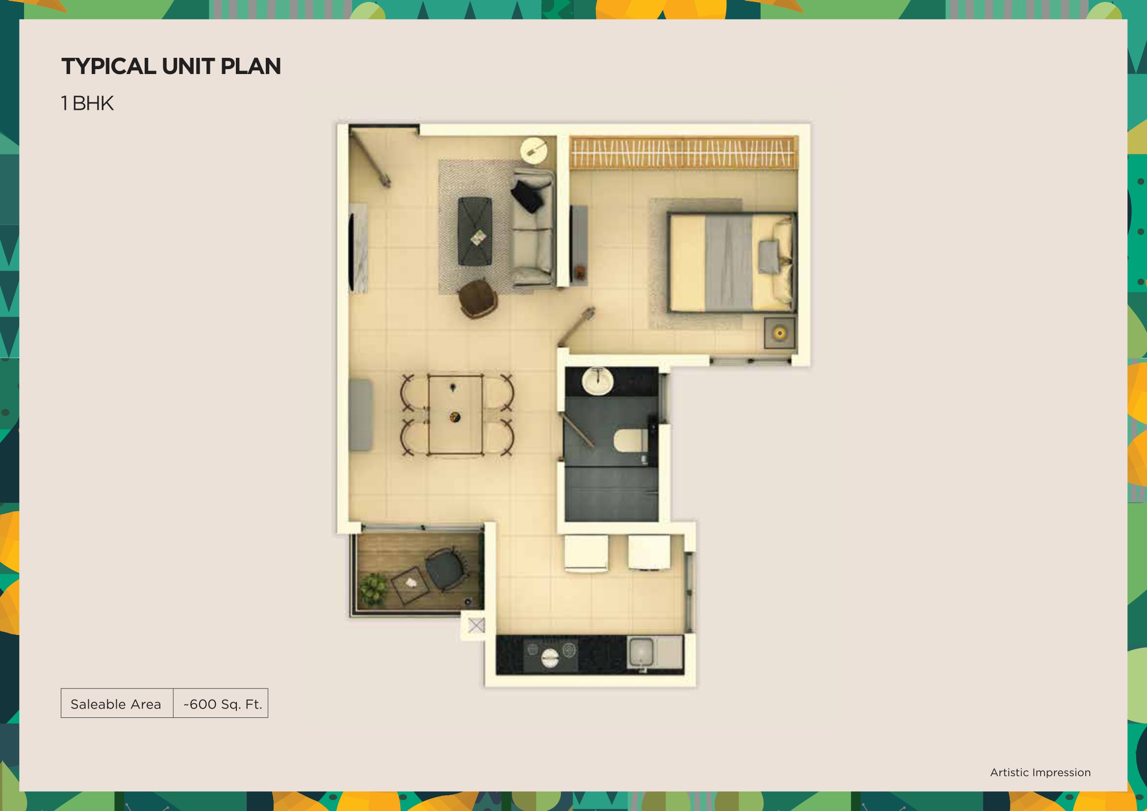 1 BHK 600 Sq Ft Floor Plan